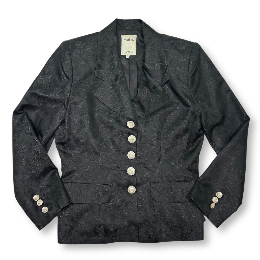 EUC Vertigo Paris Black Jacquard Blazer with Gold Buttons Formal Jacket Womens L